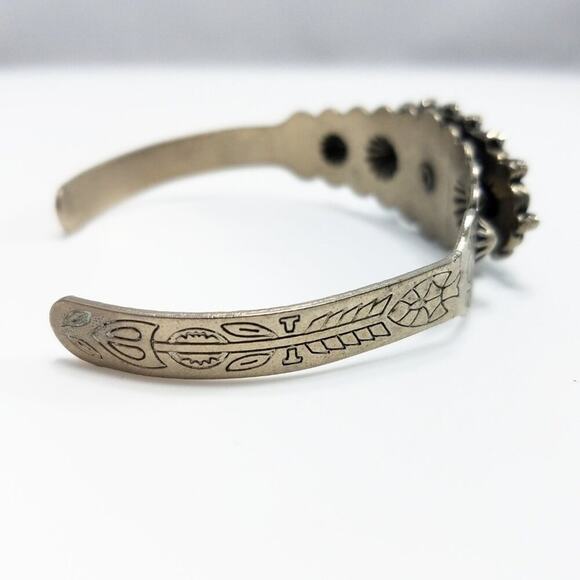 Vintage Southwestern Style Bracelet, Faux Turquoise Etched Cuff, 1970s, 6 Inches - Picture 5 of 10